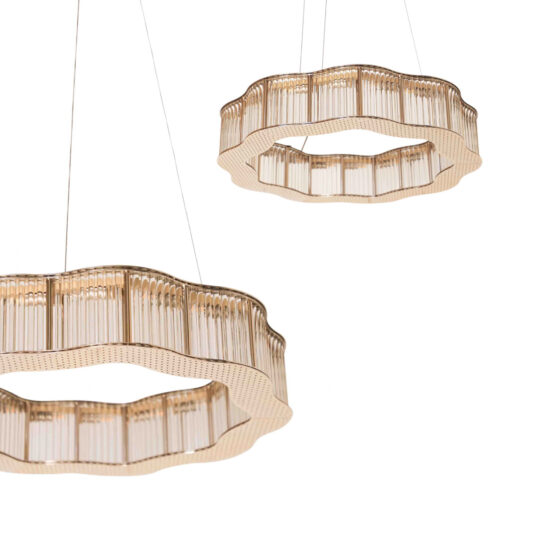 Modern Glass Art Deco Style Chandelier Two **Modern Glass Art Deco Style Chandeliers** showcase a wavy design with circular, vertical glass rods and gold-toned metal. Suspended from the ceiling by thin, nearly invisible wires against a plain white background, these chandeliers highlight their elegant design beautifully.