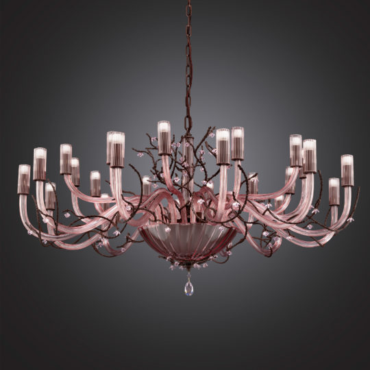 Product Data Description: The Modern Pink Glass Chandelier With Swarovski Crystal Flowers boasts a sophisticated dark metal frame adorned with intricate Swarovski crystal floral designs and multiple gracefully curved arms. Each arm supports a candle-shaped light encased in a ribbed glass shade, effortlessly suspended against an elegant dark gray backdrop.