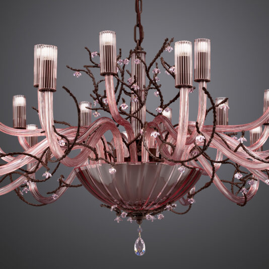 The Modern Pink Glass Chandelier With Swarovski Crystal Flowers showcases intricate design elements, including flowing pink glass arms, numerous candle-like bulbs, and delicate Swarovski crystal flower decorations. This luxurious chandelier exudes elegance and opulence against a muted gray background.
