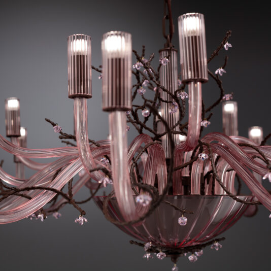 A close-up of the Modern Pink Glass Chandelier With Swarovski Crystal Flowers showcases its ornate, contemporary design. Black branches are adorned with small, clear Swarovski crystal flowers, and several cylindrical lights enhance the chandelier’s elegant and artistic appeal against a dark background.