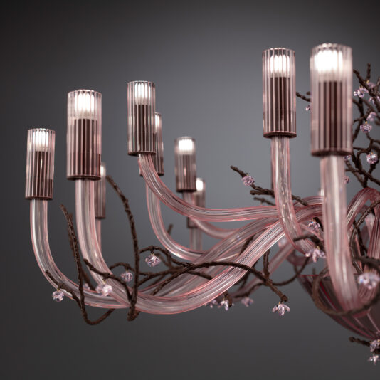 The Modern Pink Glass Chandelier With Swarovski Crystal Flowers showcases elegant, curved arms adorned with dazzling Swarovski crystal flowers. It features multiple cylindrical light fixtures with vertical lines that emit a soft glow, complemented by delicate, branch-like structures intertwined with small ornamental elements.
