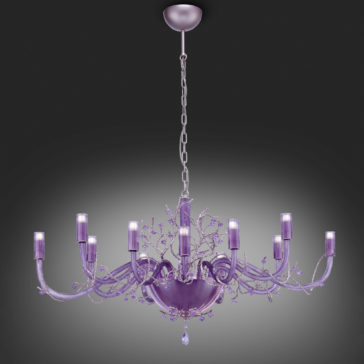 Modern Purple Glass Chandelier With Swarovski Crystal Flowers The Modern Purple Glass Chandelier With Swarovski Crystal Flowers is a large, elegant chandelier with nine curved arms, each holding a purple light bulb. Adorned with shimmering Swarovski crystal flowers, it exudes sophistication and features intricate floral and leaf-like decorations as it hangs from a chain against a dark background.