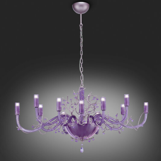 The Modern Purple Glass Chandelier With Swarovski Crystal Flowers is a large, elegant chandelier with nine curved arms, each holding a purple light bulb. Adorned with shimmering Swarovski crystal flowers, it exudes sophistication and features intricate floral and leaf-like decorations as it hangs from a chain against a dark background.