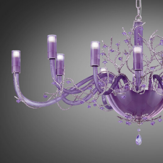 The Modern Purple Glass Chandelier With Swarovski Crystal Flowers boasts a purple theme, featuring multiple curved arms and candle-like light fixtures. Adorned with intricate details and small Swarovski crystal flowers, it creates an elegant and sophisticated appearance against a gradient gray background.