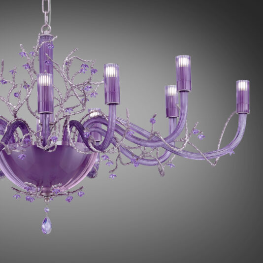 A close-up of the Modern Purple Glass Chandelier With Swarovski Crystal Flowers, featuring elegant, candle-like lamps and delicate floral branches adorned with small crystal accents, set against a gradient gray background.