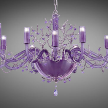 Modern Purple Glass Chandelier With Swarovski Crystal Flowers A close-up of the Modern Purple Glass Chandelier With Swarovski Crystal Flowers, showcasing its elegant, intricately curved arms and branches. The chandelier is adorned with small Swarovski crystal flowers, each arm holding a light, and a teardrop-shaped pendant hanging from the center. The background features a gradient of gray.