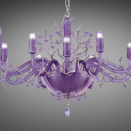 A close-up of the Modern Purple Glass Chandelier With Swarovski Crystal Flowers, showcasing its elegant, intricately curved arms and branches. The chandelier is adorned with small Swarovski crystal flowers, each arm holding a light, and a teardrop-shaped pendant hanging from the center. The background features a gradient of gray.
