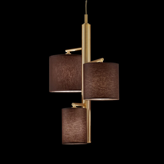The Modern Triple Pendant Light With Shades showcases three brown cylindrical lamps arranged at varying heights around a central gold-colored metal rod, all suspended gracefully by a single wire. The black background accentuates its striking and sophisticated design.
