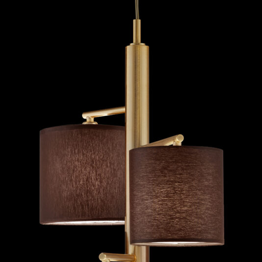 The Modern Triple Pendant Light With Shades features a trio of cylindrical brown lampshades affixed to a sleek, vertical rod in an elegant gold finish. Its minimalist design boasts straight lines and a contemporary aesthetic, perfectly highlighted against a solid black background.
