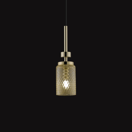 The Pendant Light With Balloton Effect Glass Shade features a modern design with a gold finish. It is suspended from a sleek black cord, set against a black backdrop. When illuminated, this pendant light casts a warm glow through its textured and patterned glass, creating an inviting atmosphere.