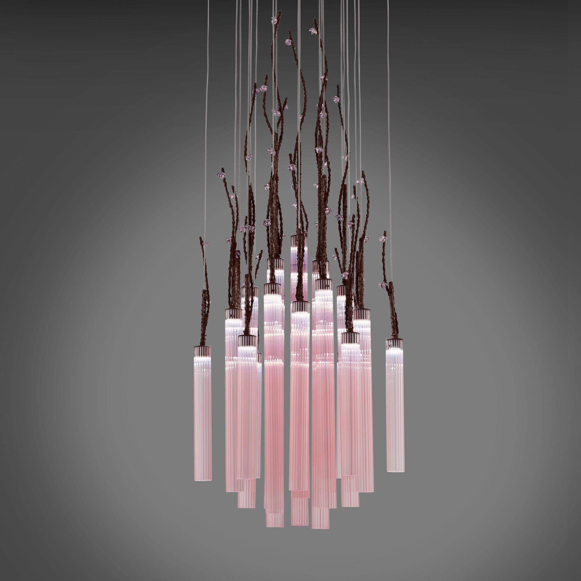 Pink Fluted Glass Chandelier With Swarovski Crystal Flowers
