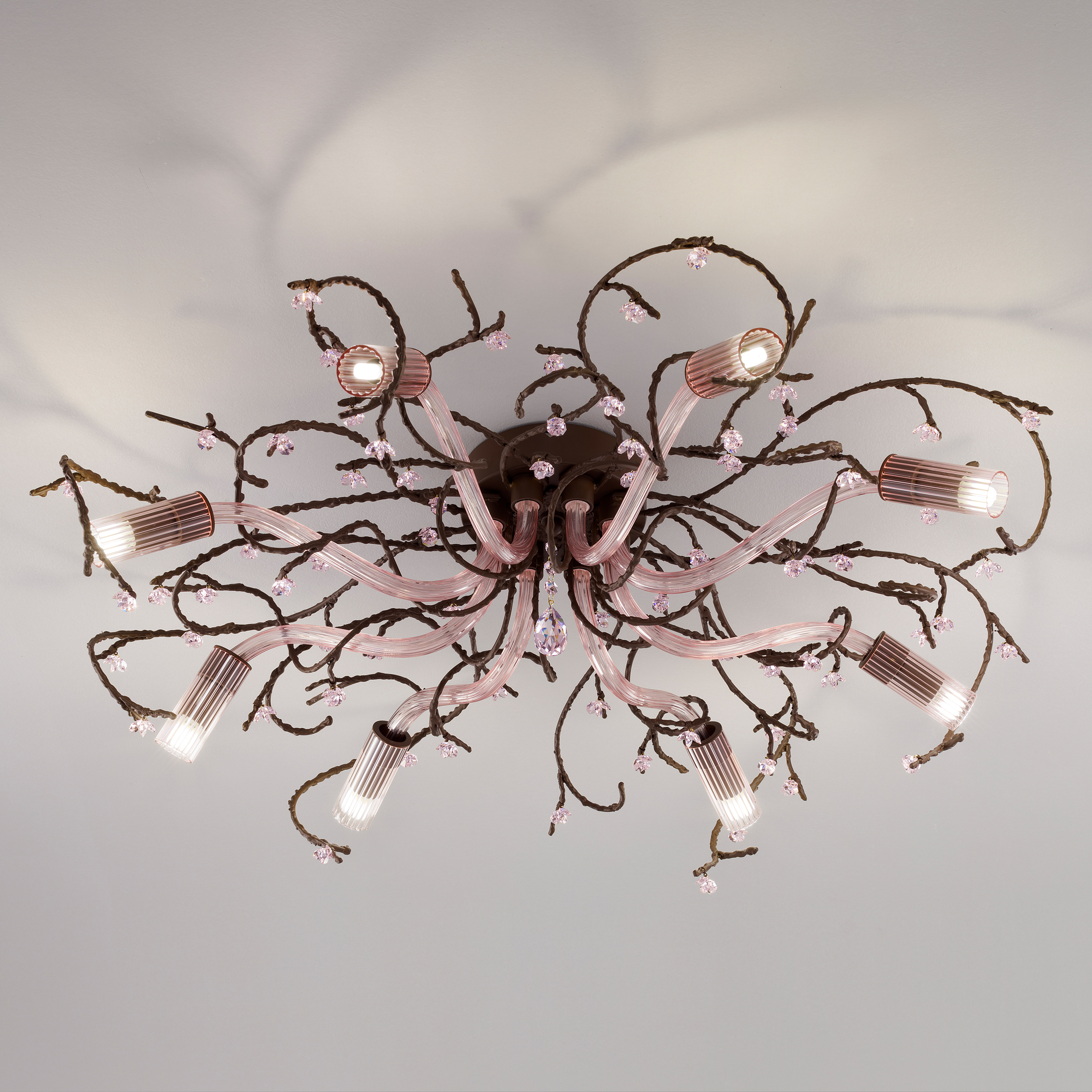 Pink Glass Branch Ceiling Light With Swarovski Crystal Flowers
