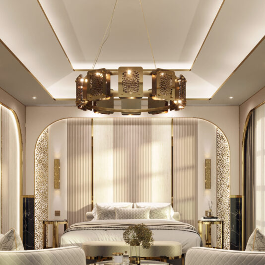 Round Contemporary Chandelier A luxurious bedroom features an elegant bed adorned with multiple pillows, flanked by nightstands. The Round Contemporary Chandelier hangs gracefully from the ceiling, complemented by patterned light panels on either side of the bed. Large windows with floor-length curtains frame the room.