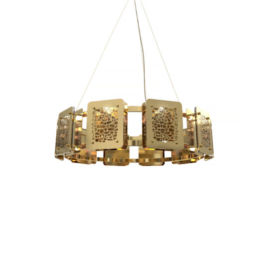 Round Contemporary Chandelier The Round Contemporary Chandelier boasts a modern design, featuring gold-colored metal panels with intricate cut-out patterns. These panels encircle the frame to create an elegant and sophisticated lighting fixture, all suspended by multiple thin wires.