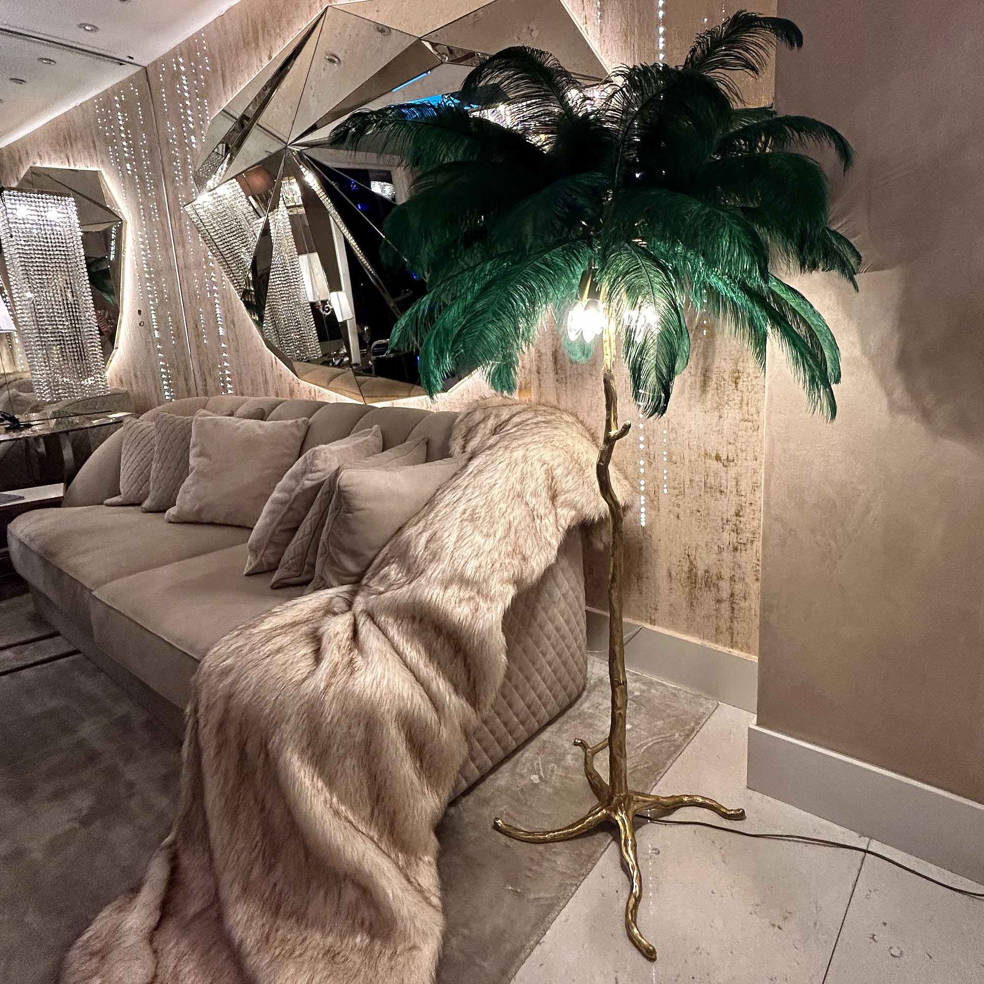 Striking Palm Tree Floor Lamp With Green Feathers