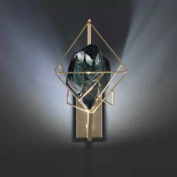 Viridian Green Crystal Rock Wall Light The Viridian Green Crystal Rock Wall Light is a contemporary wall sconce featuring a square geometric gold frame that encases a dark, glossy, irregular-shaped glass centerpiece. When illuminated, it casts intricate shadows and creates a soft, elegant glow on the wall. This modern design incorporates subtle accents reminiscent of viridian green crystal rock.