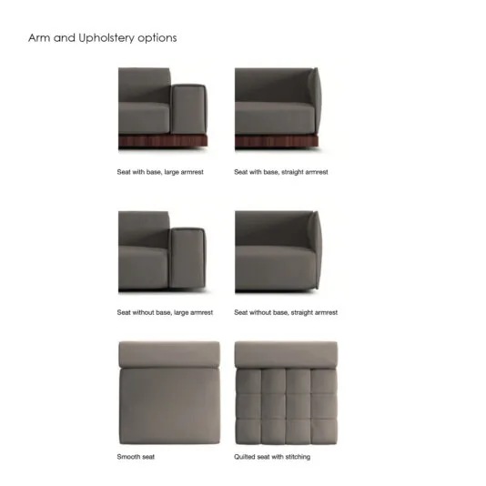 Showcase of the Contemporary High End Modular Corner Sofa, highlighting luxurious armrest and upholstery styles. The collection ranges from modular designs with expansive, straight armrests to sleek corner configurations. Features include smooth or quilted seating with refined stitching, perfect for elevating any elegant living space.