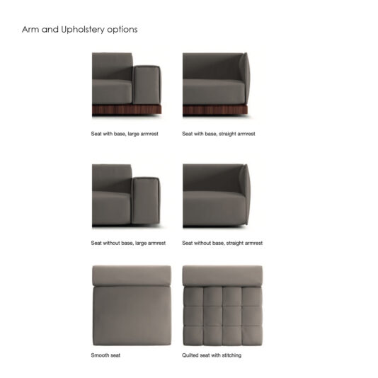 High End Contemporary Modular Sofa Image displaying various configurations of the High End Contemporary Modular Sofa. It offers options like seats with or without bases, large straight armrests, and two elegant seat styles: smooth or quilted with stitching.