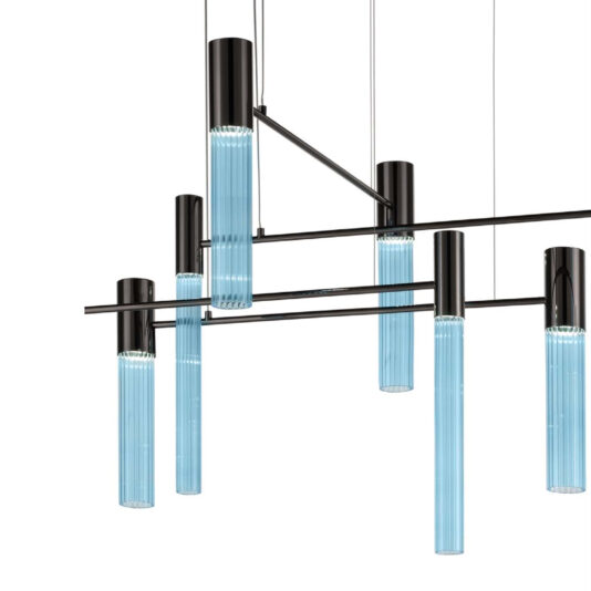 The Contemporary Modular Glass Tube Chandelier showcases six cylindrical glass tube pendant lights with blue shades. These lights are gracefully suspended from thin wires and connected by a sleek black metal frame, offering a minimalist and modular aesthetic.