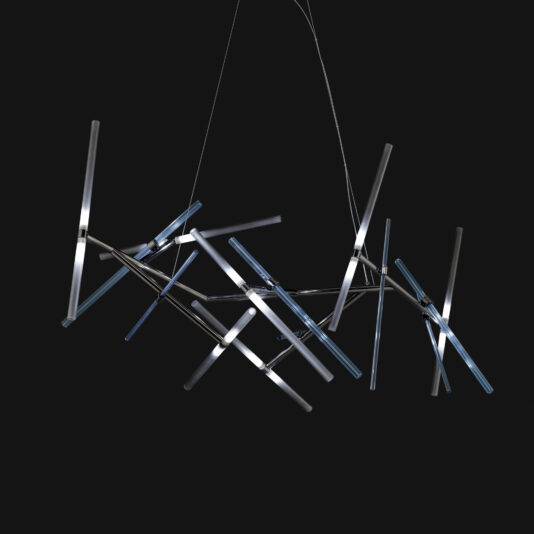 A contemporary Murano Glass Tube Chandelier features a geometric design composed of intersecting metal rods, with some illuminated and others left dark. It is suspended by thin wires against a black background, forming an abstract and angular structure with light emanating from multiple points.
