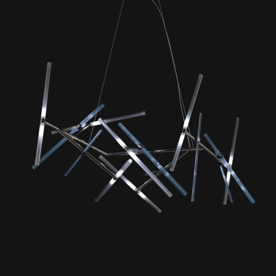 A contemporary Murano Glass Tube Chandelier features a geometric design composed of intersecting metal rods, with some illuminated and others left dark. It is suspended by thin wires against a black background, forming an abstract and angular structure with light emanating from multiple points.
