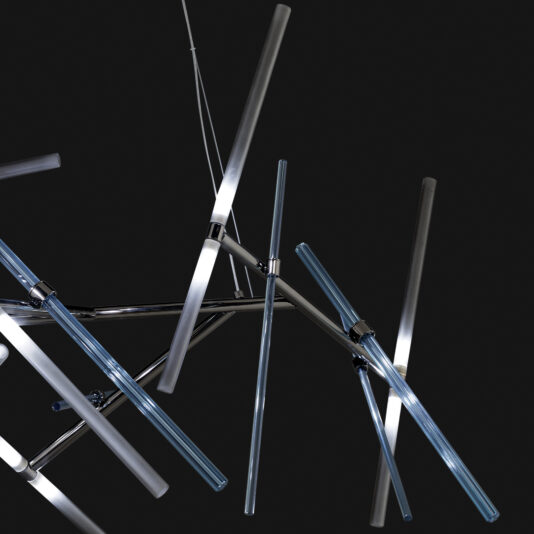 Against a black background, the Contemporary Murano Glass Tube Chandelier is showcased with its sleek, minimalist design elements. This modern, abstract chandelier features intersecting rods illuminated with soft white light, creating a contemporary and artistic lighting fixture.