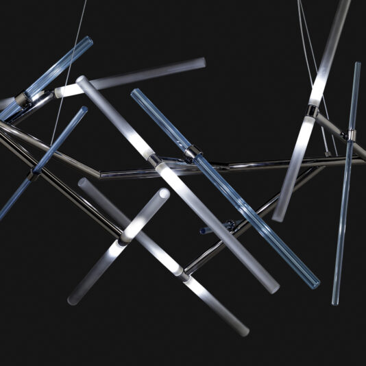 The Contemporary Murano Glass Tube Chandelier, featuring intersecting illuminated metal rods arranged in an abstract geometric pattern, hangs elegantly against a black background. Its sleek and modern design exudes contemporary sophistication.