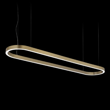 The Contemporary Oval Downlight Chandelier features a sleek, metallic gold frame with a white inner lining. It hangs from the ceiling by two thin black cables and is showcased against a plain black background.