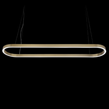 The Contemporary Oval Downlight Chandelier features a sleek, minimalist design and an elegant oval shape. Suspended by thin wires, it boasts a smooth, metallic finish complemented by a continuous LED light strip along its inner edge, all set against a striking black background.