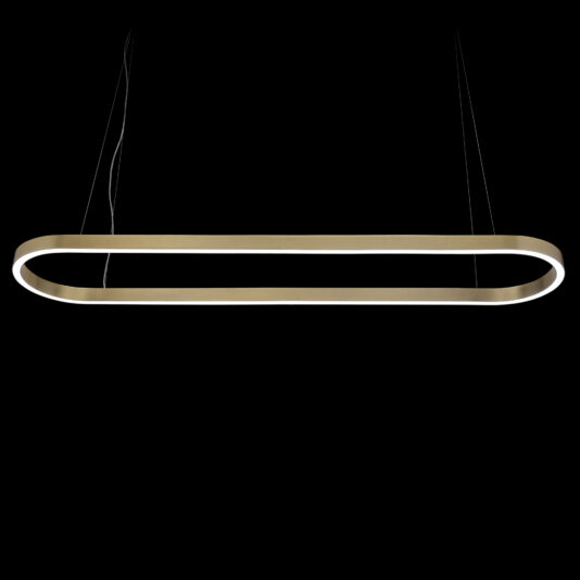 Contemporary Oval Downlight Chandelier The Contemporary Oval Downlight Chandelier features a sleek, minimalist design and an elegant oval shape. Suspended by thin wires, it boasts a smooth, metallic finish complemented by a continuous LED light strip along its inner edge, all set against a striking black background.