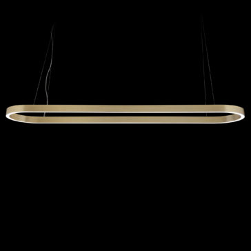 The Contemporary Oval Downlight Chandelier features a sleek gold frame and white interior, suspended from the ceiling by four thin wires, creating a striking effect against a black background.
