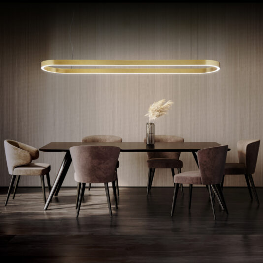 Contemporary Oval Downlight Chandelier A modern dining room features a dark wooden table surrounded by six cushioned chairs in varying shades of beige and brown. Above the table hangs the Contemporary Oval Downlight Chandelier. A glass vase with pampas grass sits as a centerpiece on the table.