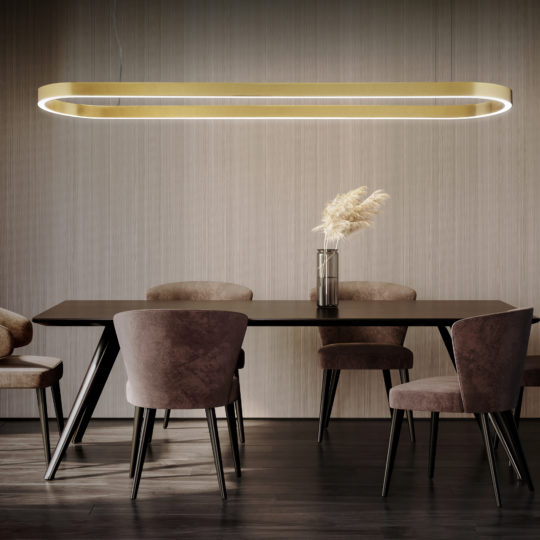 Luxury lighting trends for 2026: A modern dining room features a sleek Contemporary Oval Downlight Chandelier hanging above a dark wooden dining table with four matching chairs. The table is adorned with a simple vase containing dried pampas grass, while the background has a textured wall that adds a warm ambiance.