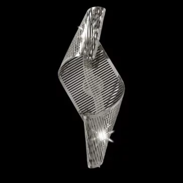 The Contemporary Twisted Polished Nickel Wall Light features a spiraling, metallic design with perforated patterns set against a black background. Its fluid and dynamic shape reflects light beautifully, creating a sparkling effect on multiple points of its polished surface.