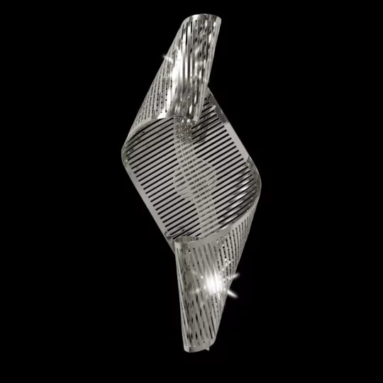 The Contemporary Twisted Polished Nickel Wall Light features a spiraling, metallic design with perforated patterns set against a black background. Its fluid and dynamic shape reflects light beautifully, creating a sparkling effect on multiple points of its polished surface.