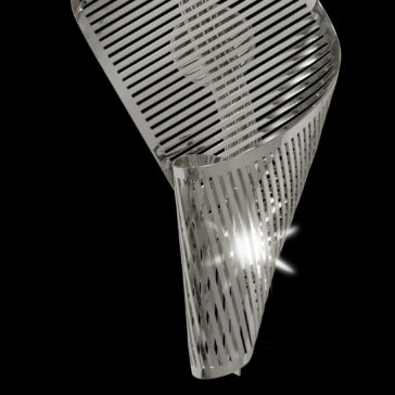 A contemporary sculpture with a spiral design made of parallel, evenly spaced metal slats twists elegantly against a black background. This modern piece reflects light like a Contemporary Twisted Polished Nickel Wall Light from certain angles, creating dynamic visual patterns.