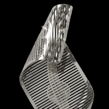 A close-up image of the Contemporary Twisted Polished Nickel Wall Light, featuring shiny, polished nickel slats arranged in a helical form. The reflective surface captures light, creating highlights and shadows that emphasize the elegant curves of the structure against a black background.