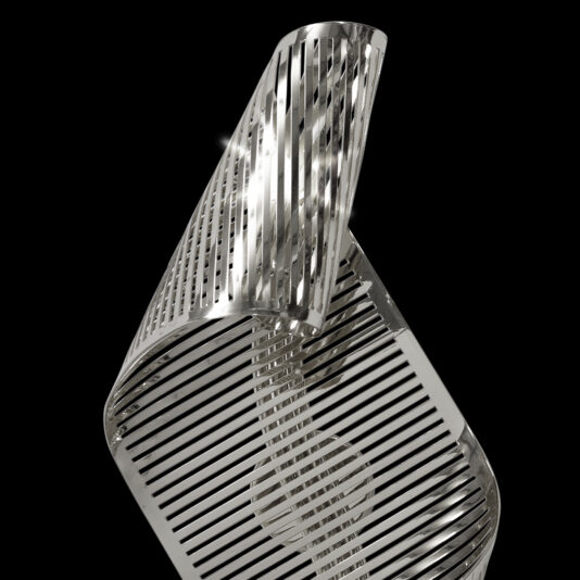 Contemporary Twisted Polished Nickel Wall Light A close-up image of the Contemporary Twisted Polished Nickel Wall Light, featuring shiny, polished nickel slats arranged in a helical form. The reflective surface captures light, creating highlights and shadows that emphasize the elegant curves of the structure against a black background.