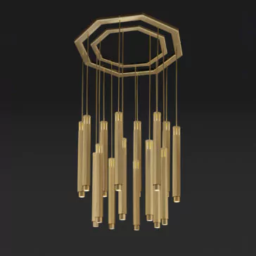 Large Modern Geometric Pendant Style Chandelier The Large Modern Geometric Pendant Style Chandelier showcases multiple gold cylindrical lights hanging at different lengths from a gold octagonal frame, set against a solid black background that highlights its sleek and elegant design.