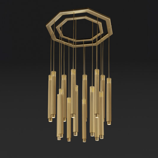 The Large Modern Geometric Pendant Style Chandelier showcases multiple gold cylindrical lights hanging at different lengths from a gold octagonal frame, set against a solid black background that highlights its sleek and elegant design.