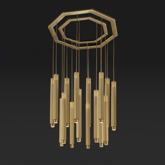 The Large Modern Geometric Pendant Style Chandelier showcases multiple gold cylindrical lights hanging at different lengths from a gold octagonal frame, set against a solid black background that highlights its sleek and elegant design.