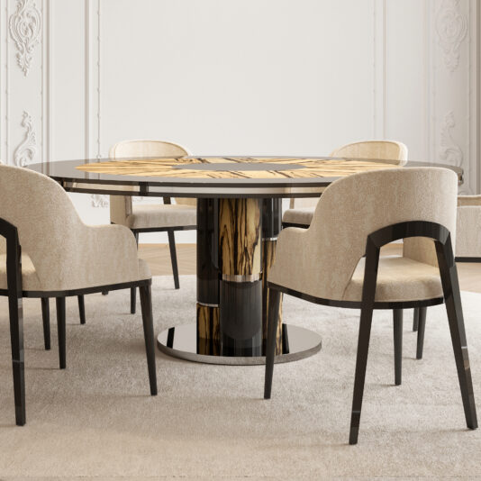 A modern dining area showcases a Luxury Round Ebony Veneer Dining Table with a reflective surface and a wooden base. Surrounding the table are four beige upholstered chairs with dark wooden legs, all arranged on a light-colored rug. The room is adorned with decorative white wall paneling in the background.