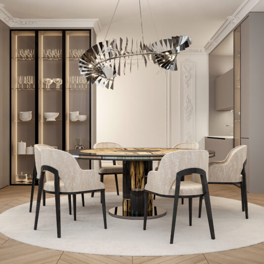 A modern dining room showcases a Luxury Round Ebony Veneer Dining Table Set with a sleek black and wood base, complemented by four upholstered chairs in a neutral tone. An artistic chandelier hangs above the table, adding a unique touch. Glass-front cabinets behind the table display elegant dishware, and the floor is adorned with a circular rug.