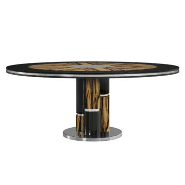 Luxury Round Ebony Veneer Dining Table Set The Luxury Round Ebony Veneer Dining Table Set features a sleek ebony veneer surface adorned with concentric wooden rings at the center, supported by a cylindrical base with vertical black and wood grain panels on a metallic circular pedestal.