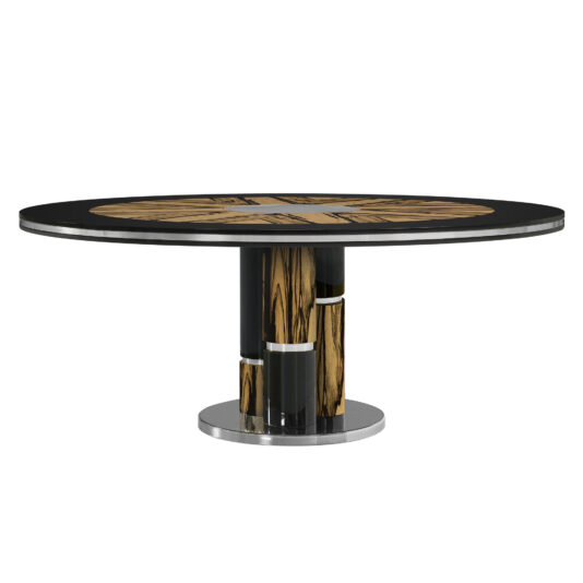 The Luxury Round Ebony Veneer Dining Table Set features a sleek ebony veneer surface adorned with concentric wooden rings at the center, supported by a cylindrical base with vertical black and wood grain panels on a metallic circular pedestal.