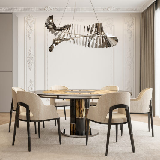 A modern dining room features the Luxury Round Ebony Veneer Dining Table Set, complete with a glossy, patterned top and six upholstered chairs sporting dark wooden legs. The space highlights ornate white wall moldings and is illuminated by a unique, sculptural chandelier. Large windows adorned with sheer curtains allow ample natural light to flood in.