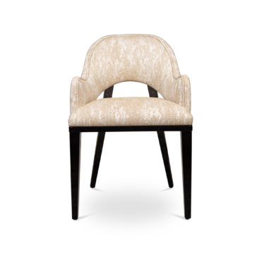 Front-facing image of the Modern Art Deco Style Tub Dining Chair, showcasing its beige upholstery with a subtle textured pattern. The chair highlights a curved backrest and an open design below the armrests, complemented by dark wooden legs that are slightly splayed outwards.