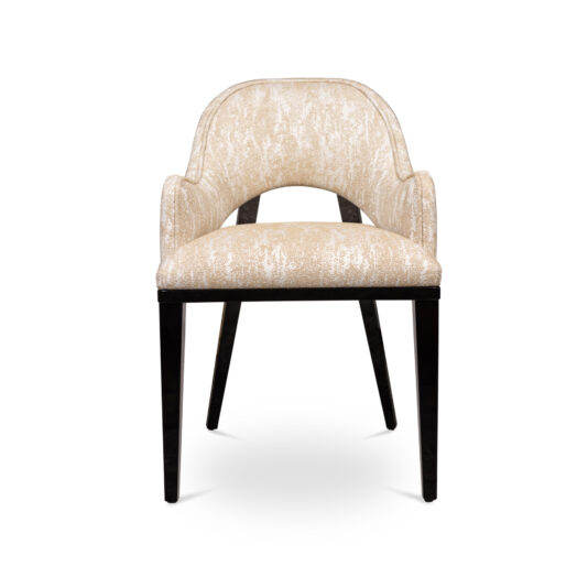 Modern Art Deco Style Tub Dining Chair Front-facing image of the Modern Art Deco Style Tub Dining Chair, showcasing its beige upholstery with a subtle textured pattern. The chair highlights a curved backrest and an open design below the armrests, complemented by dark wooden legs that are slightly splayed outwards.
