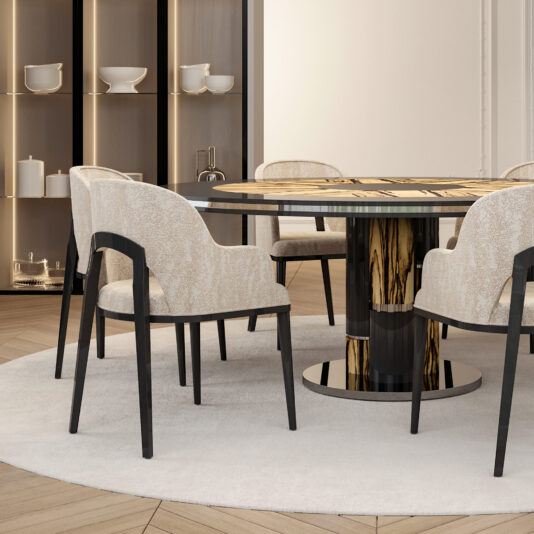 Modern Art Deco Style Tub Dining Chair A contemporary dining room showcasing a round wooden table with a geometric base and a polished top. Surrounding the table are four Modern Art Deco Style Tub Dining Chairs, each upholstered and featuring sleek black legs. A large beige rug anchors the table, while shelves adorned with decorative items provide a stylish backdrop.