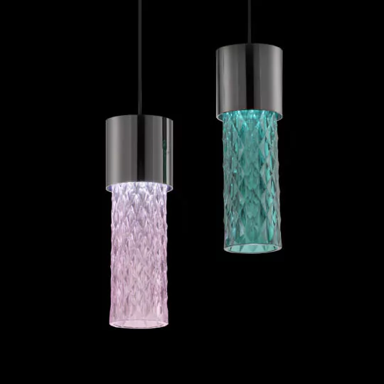 A pair of Modern Faceted Crystal Pendant Lights featuring cylindrical, textured glass shades. The one on the left showcases a pink shade, while the one on the right has a teal shade. Both lights are adorned with sleek metallic tops and black cords, all set against a black background.